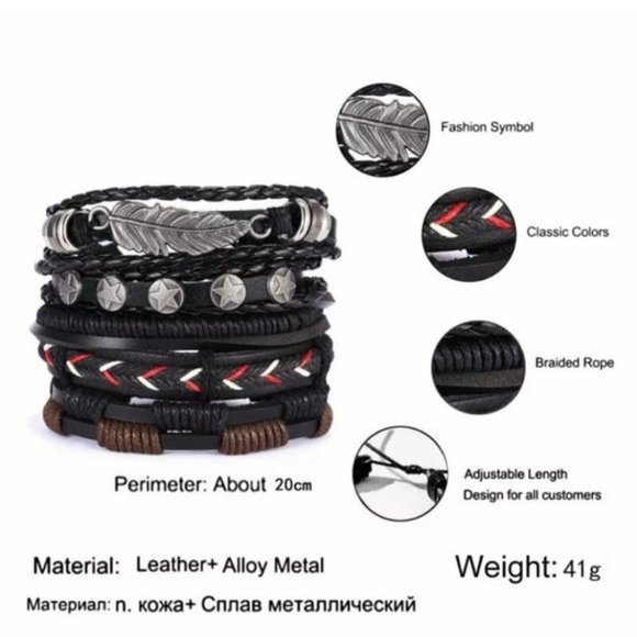 Men's Black & Red Genuine Leather Bracelet Set - Picture 2 of 2